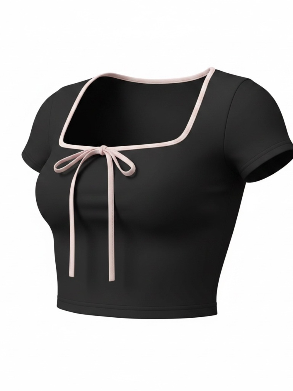 Black Tie Front Top Contrast Trim Short Sleeve Crop Top Women’s Small/Medium
